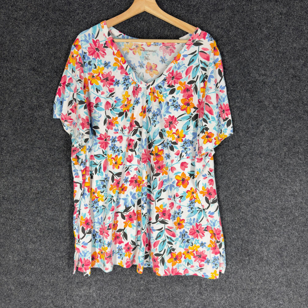 Woman Within T-Shirt Women 3X Plus White Floral V-Neck Short Sleeve Cotton